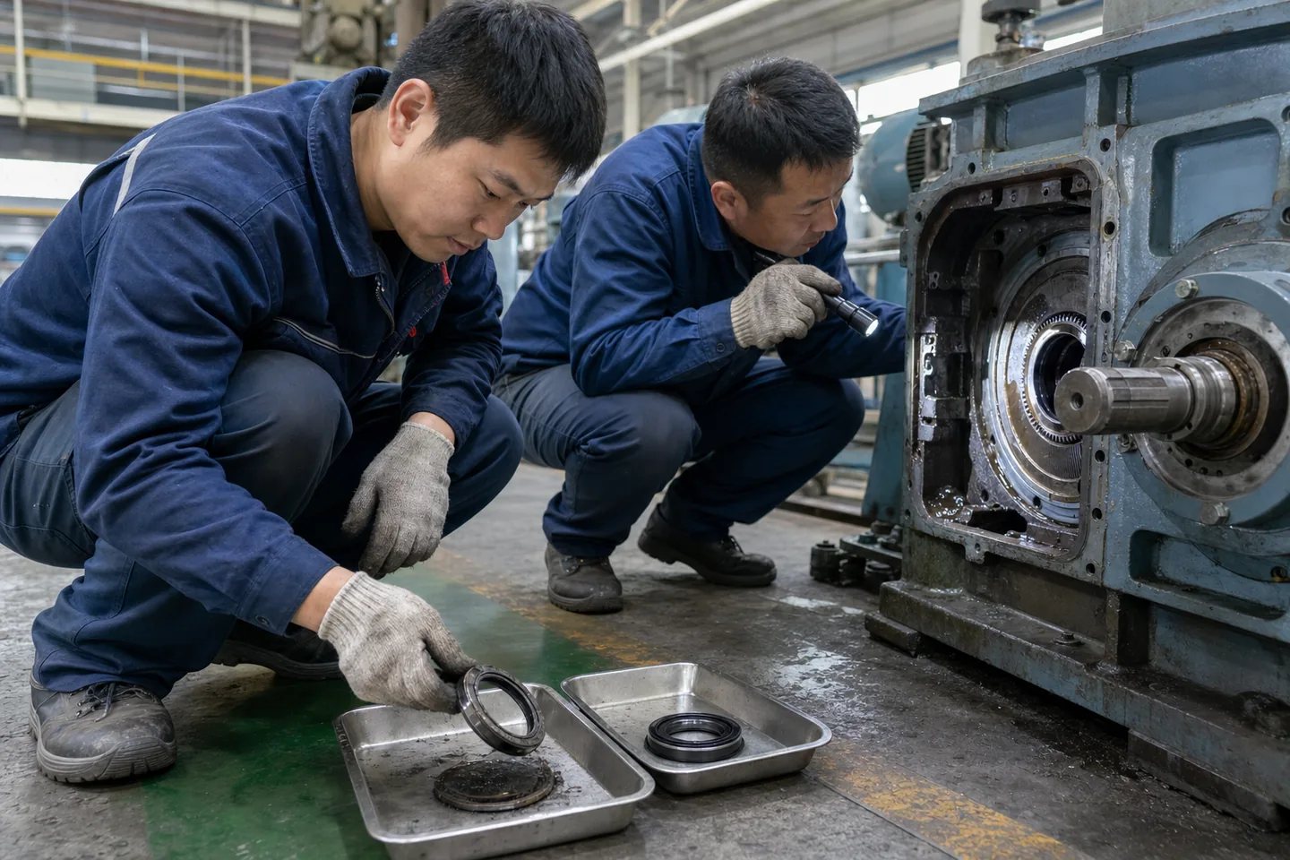 维修人员检查工业设备内的磨损密封件与替换件