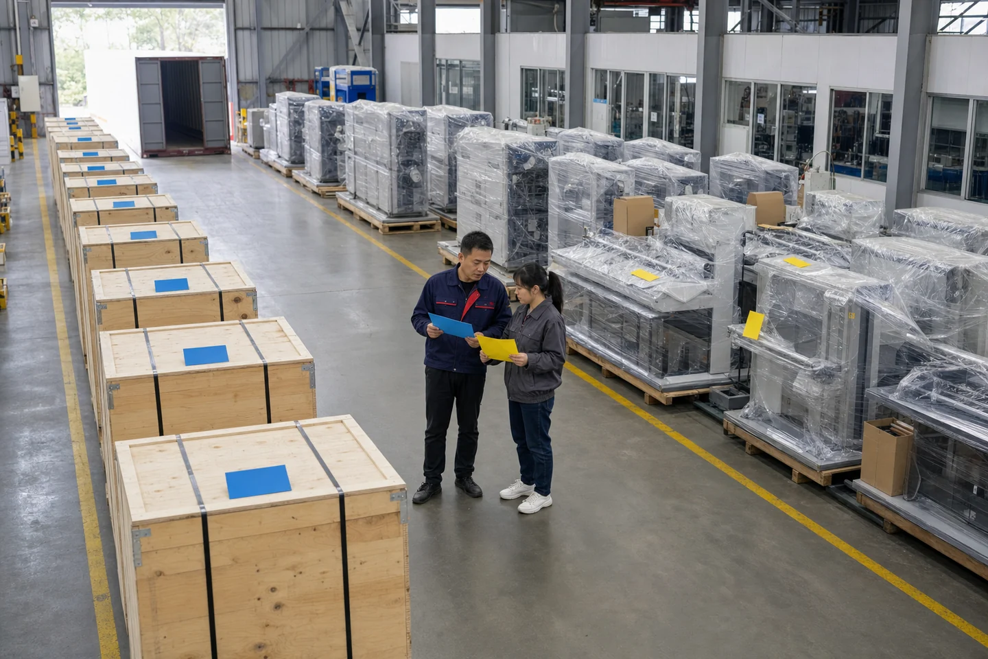 计划员与物流人员在成品暂存区核对两批工业包装单元的发运顺序