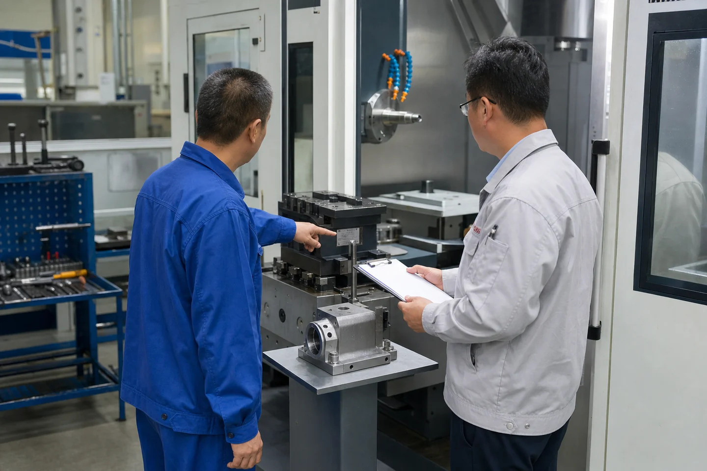 换线技师与质量工程师在加工设备旁核对工装和首件样品