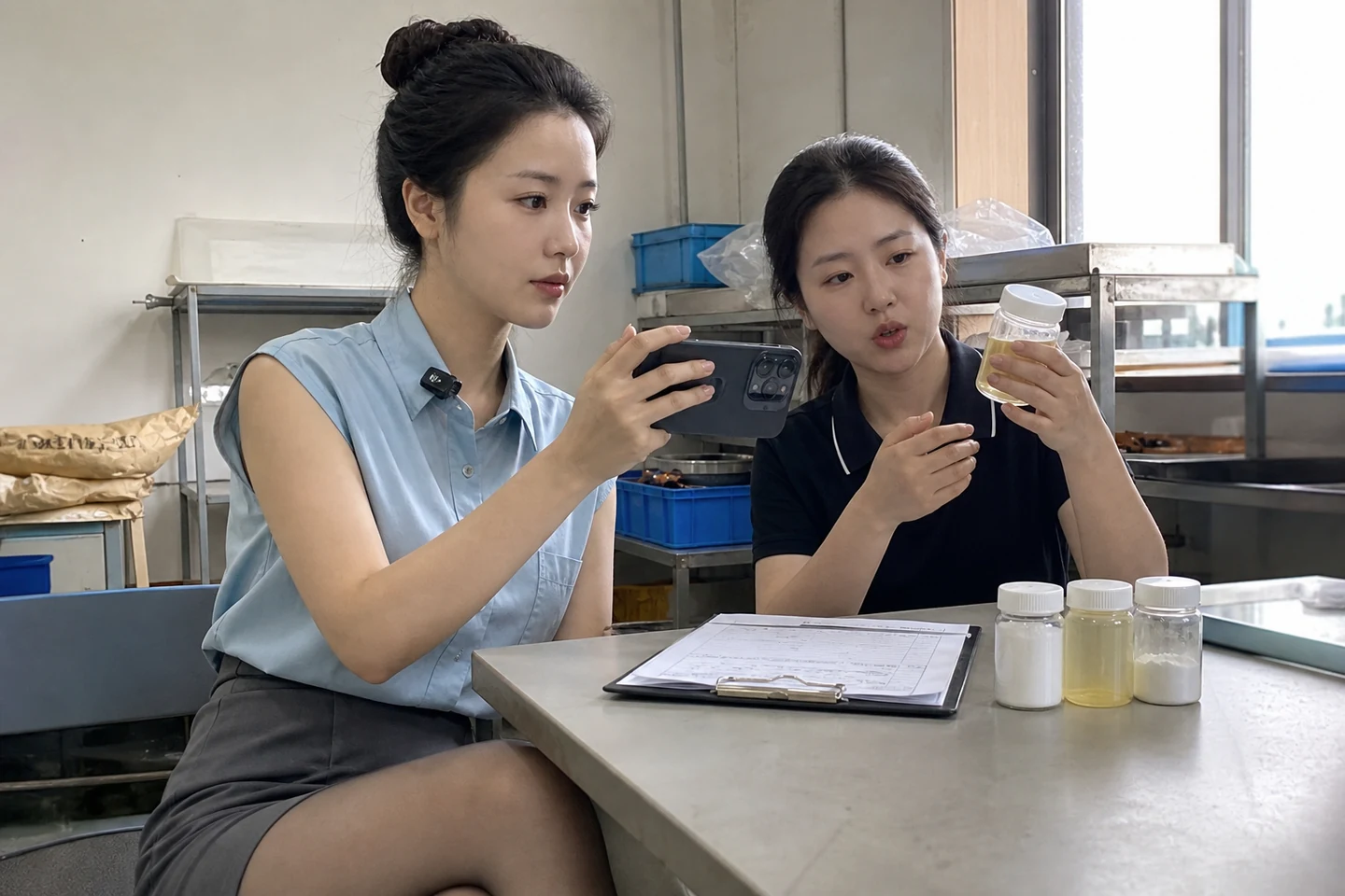 自媒体拍摄人员在来料区记录弹性涂料原料样品与检验资料