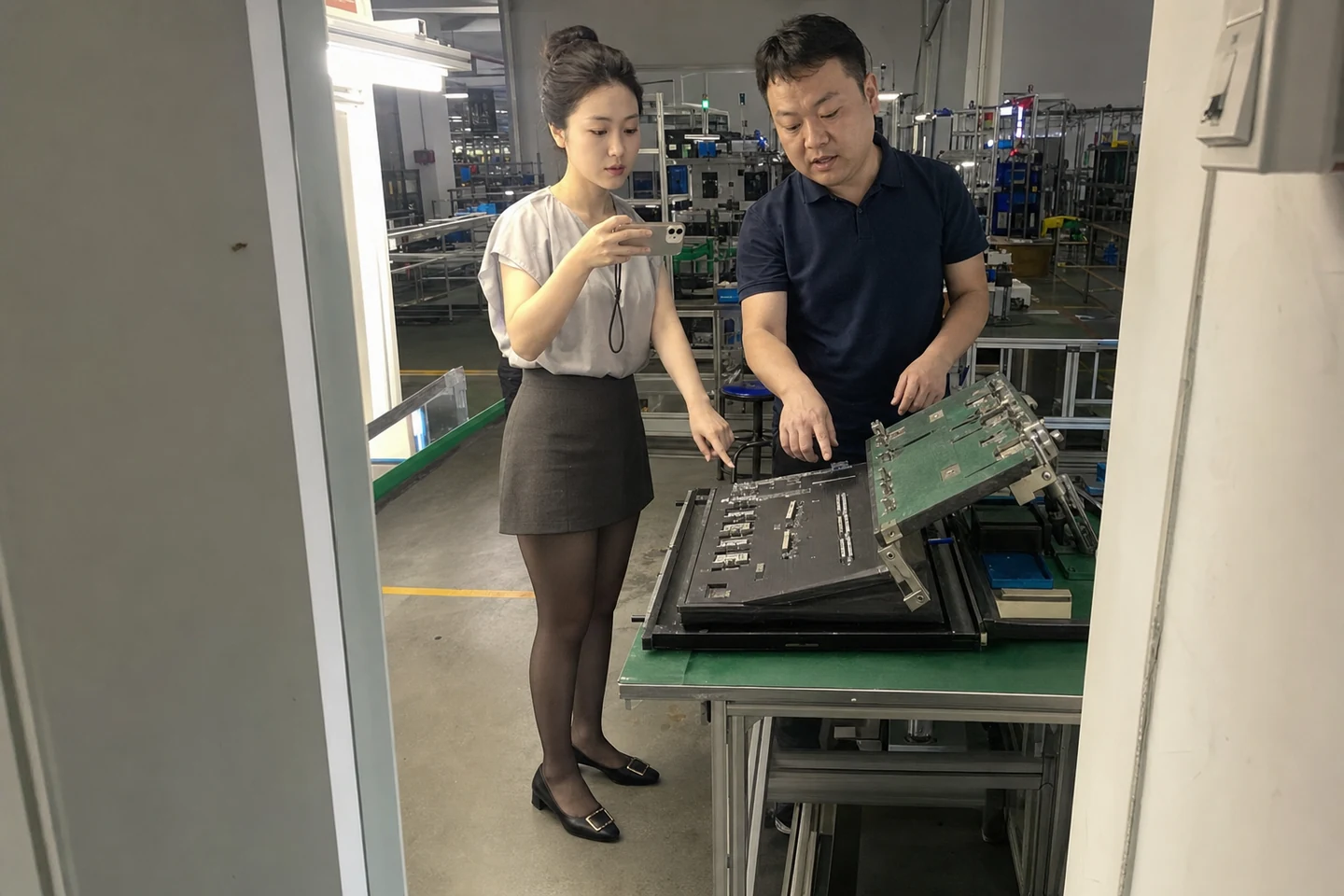 自媒体拍摄人员在设备旁记录米果定制产品接口与配套关系
