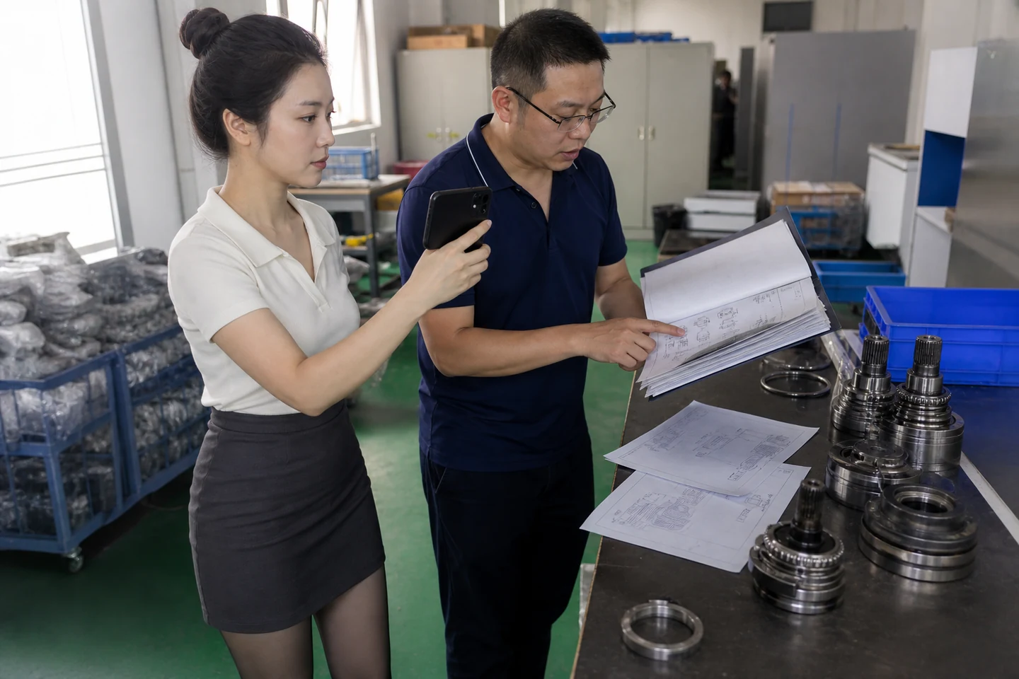 自媒体拍摄人员在样品桌旁记录球笼定制图纸与实物变更关系