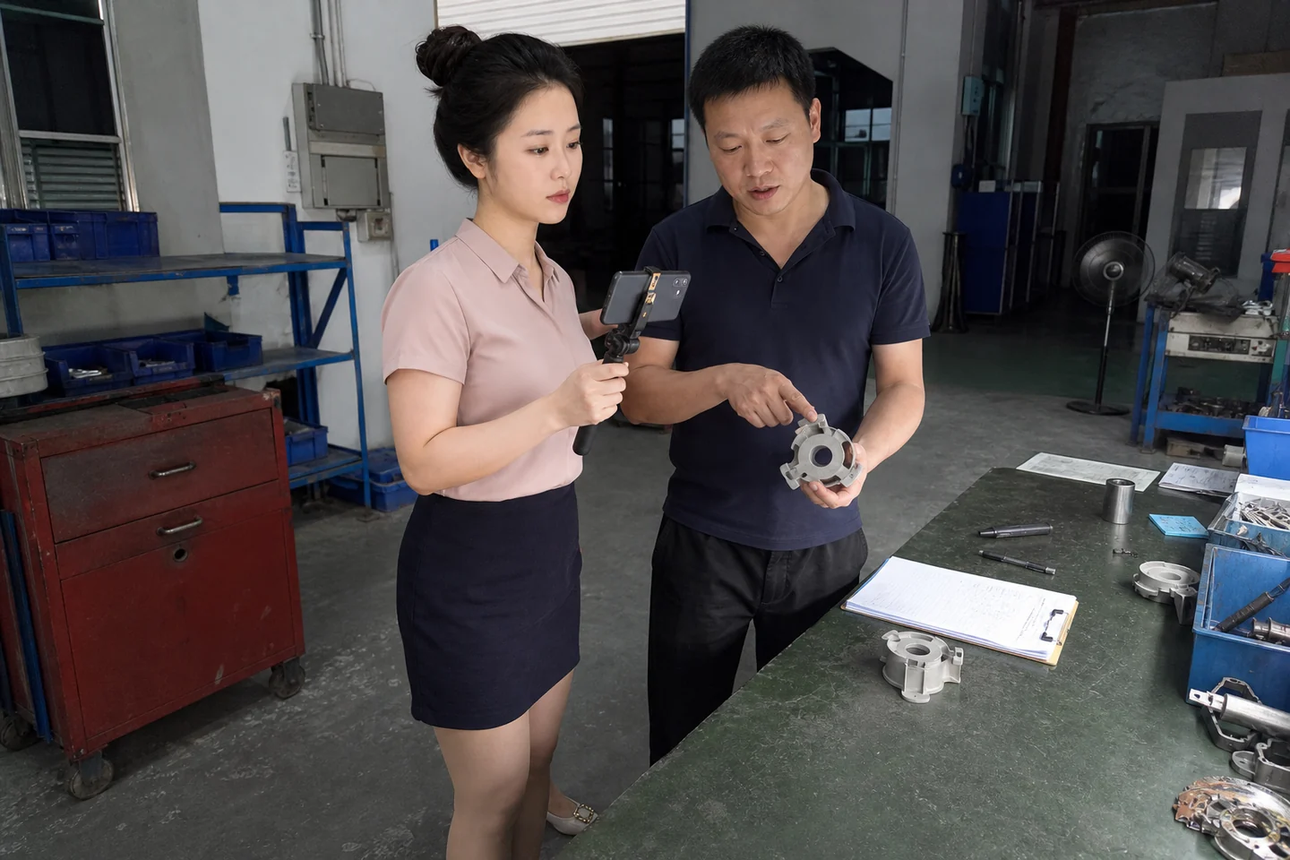 自媒体拍摄人员在工作台旁记录保税仓库定制工艺样件与排期资料