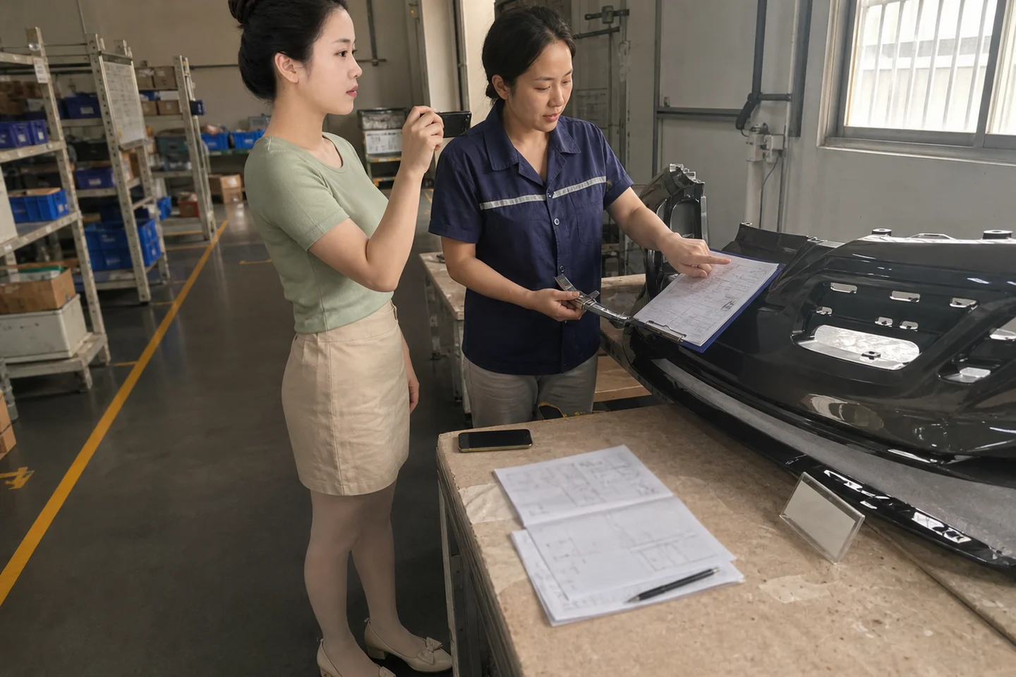 自媒体拍摄人员在检验台旁记录前杠定制批次样品与检测范围
