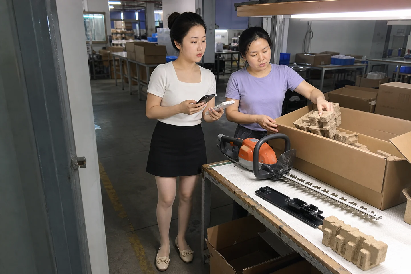 自媒体拍摄人员在包装样品桌旁记录绿篱机定制的防护与装箱关系