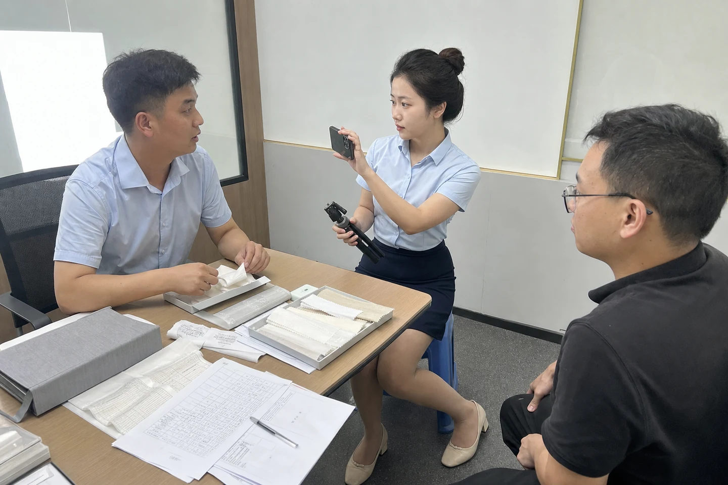 自媒体拍摄人员在会议室记录精密苎麻供应商样件与试制资料