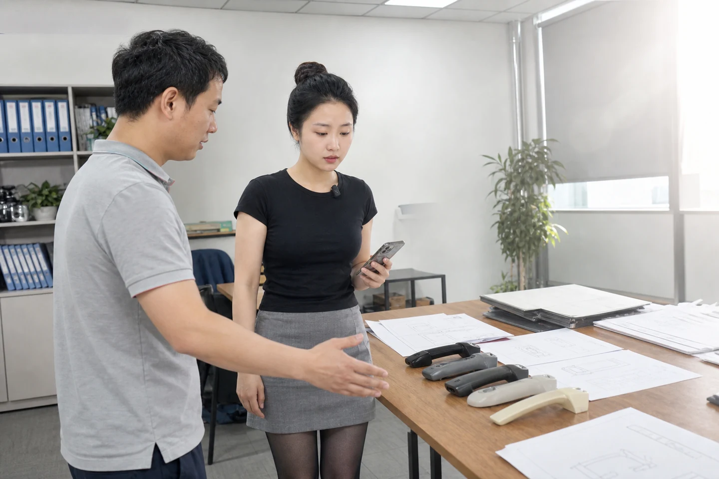 自媒体拍摄人员在样品桌旁记录手柄加工报价资料和样品