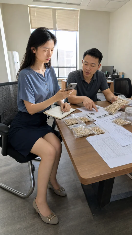 自媒体拍摄人员在供应商会议桌旁记录精密莲子样品和批量交付资料