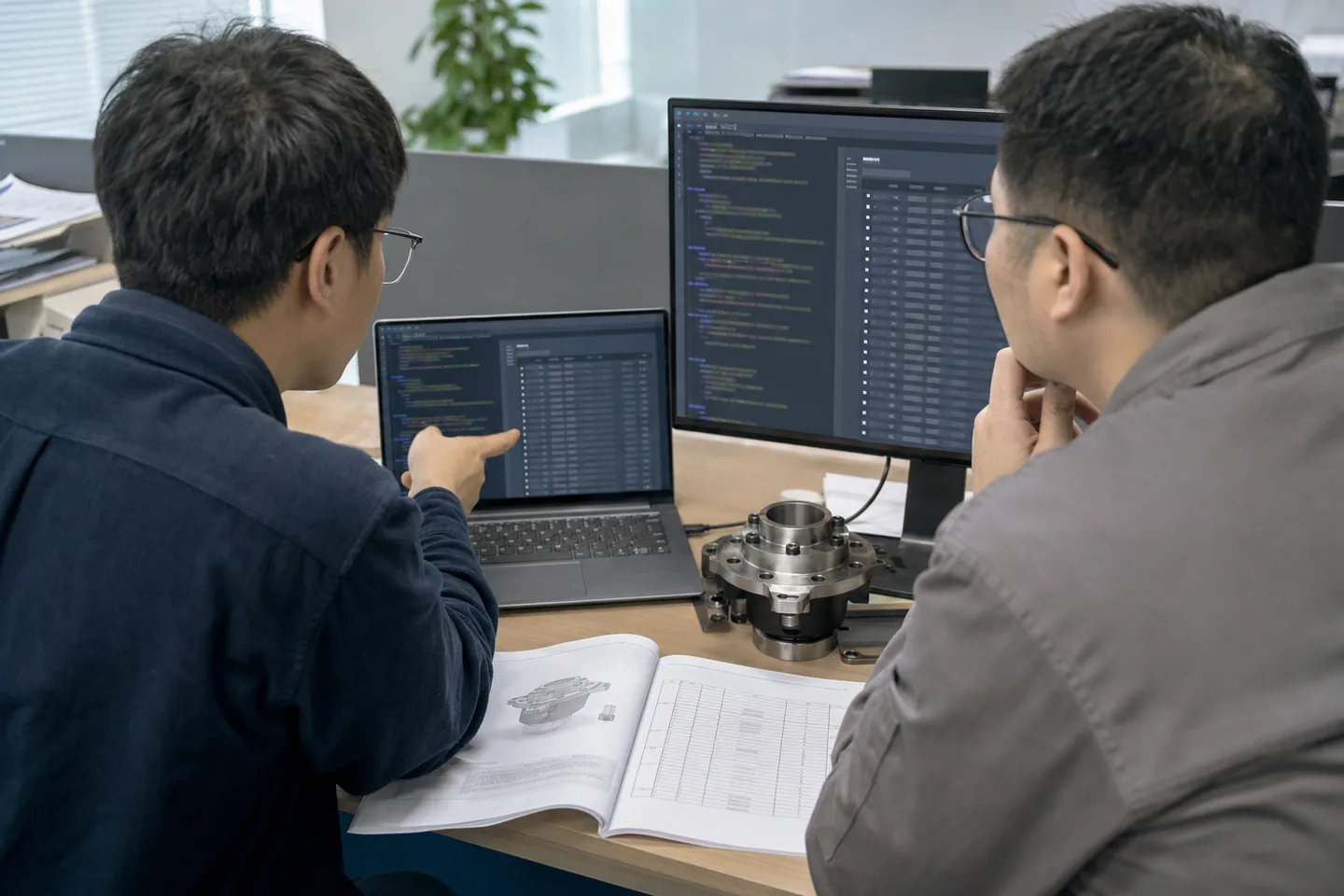 技术人员核对产品参数表接口与网页源代码的工作场景