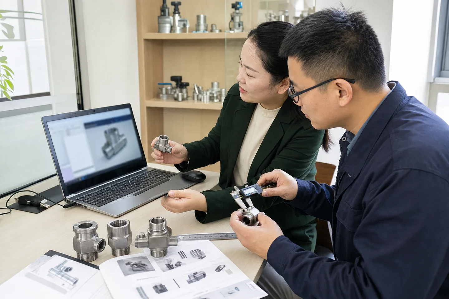 外贸销售与产品工程人员根据买家截图、实物样品和卡尺核对产品型号