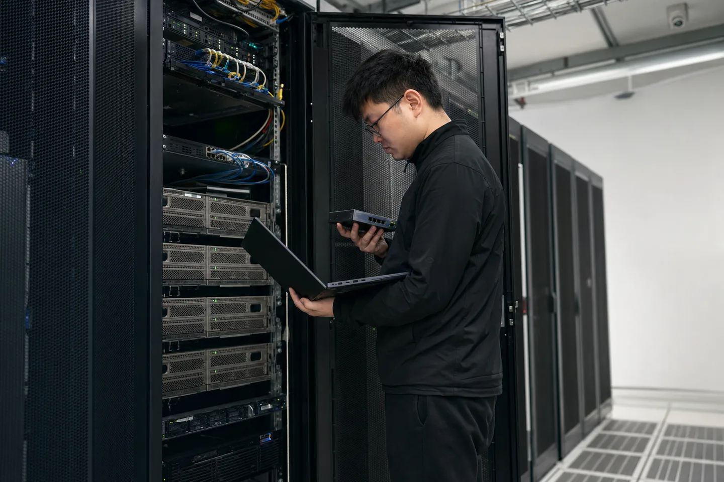 网站维护人员在服务器机房检查域名解析与邮件服务
