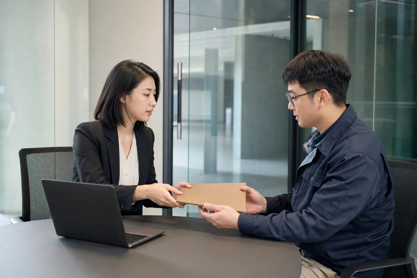 外贸销售与技术人员在会议室交接多联系人询盘信息