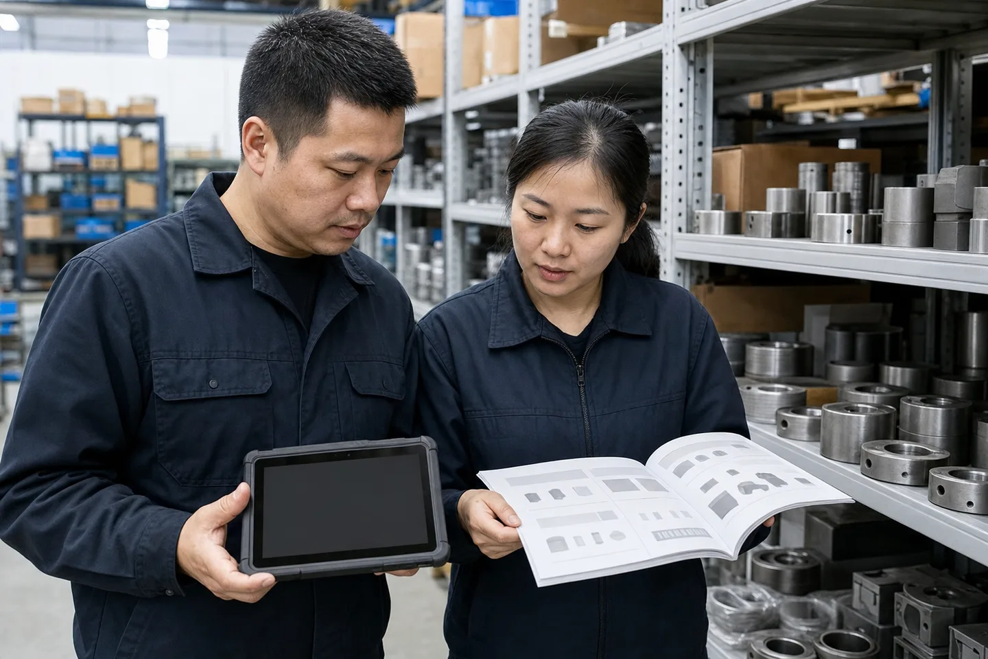 网站人员在仓库产品货架旁核对产品目录与站内搜索结果