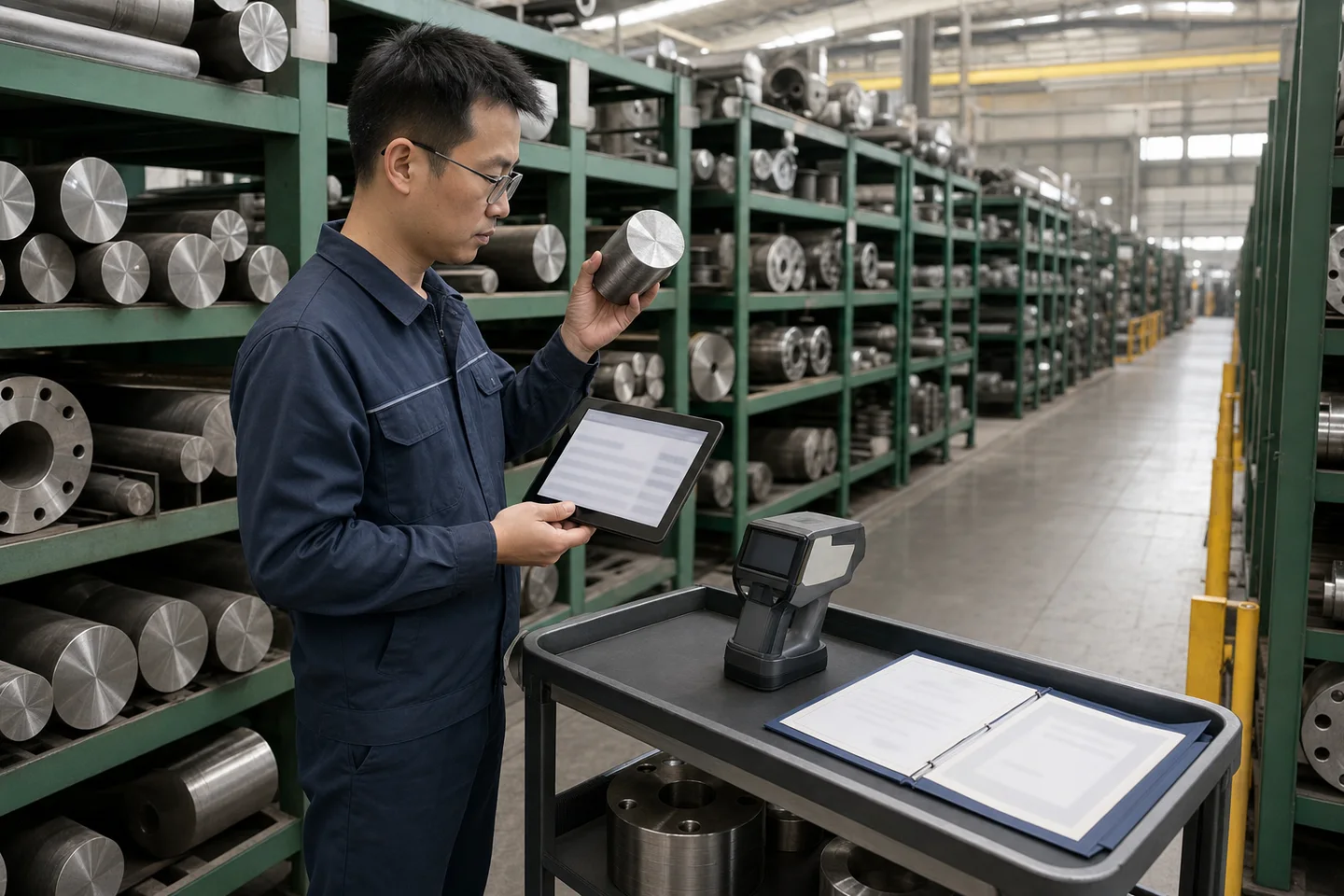 工程人员在材料仓库核对金属零件牌号与英文产品资料