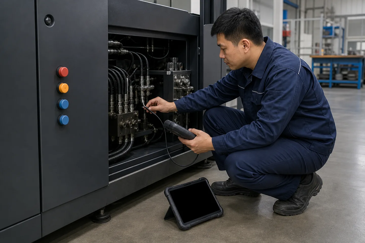 售后工程师在设备现场核对部件状态、检测工具和故障记录