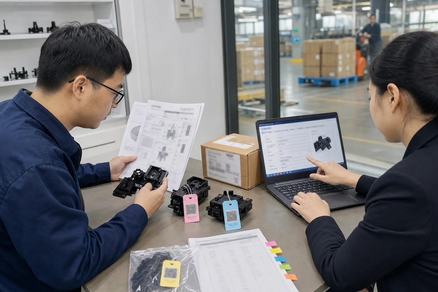 外贸销售与工程人员核对样品标签和后续量产询盘资料