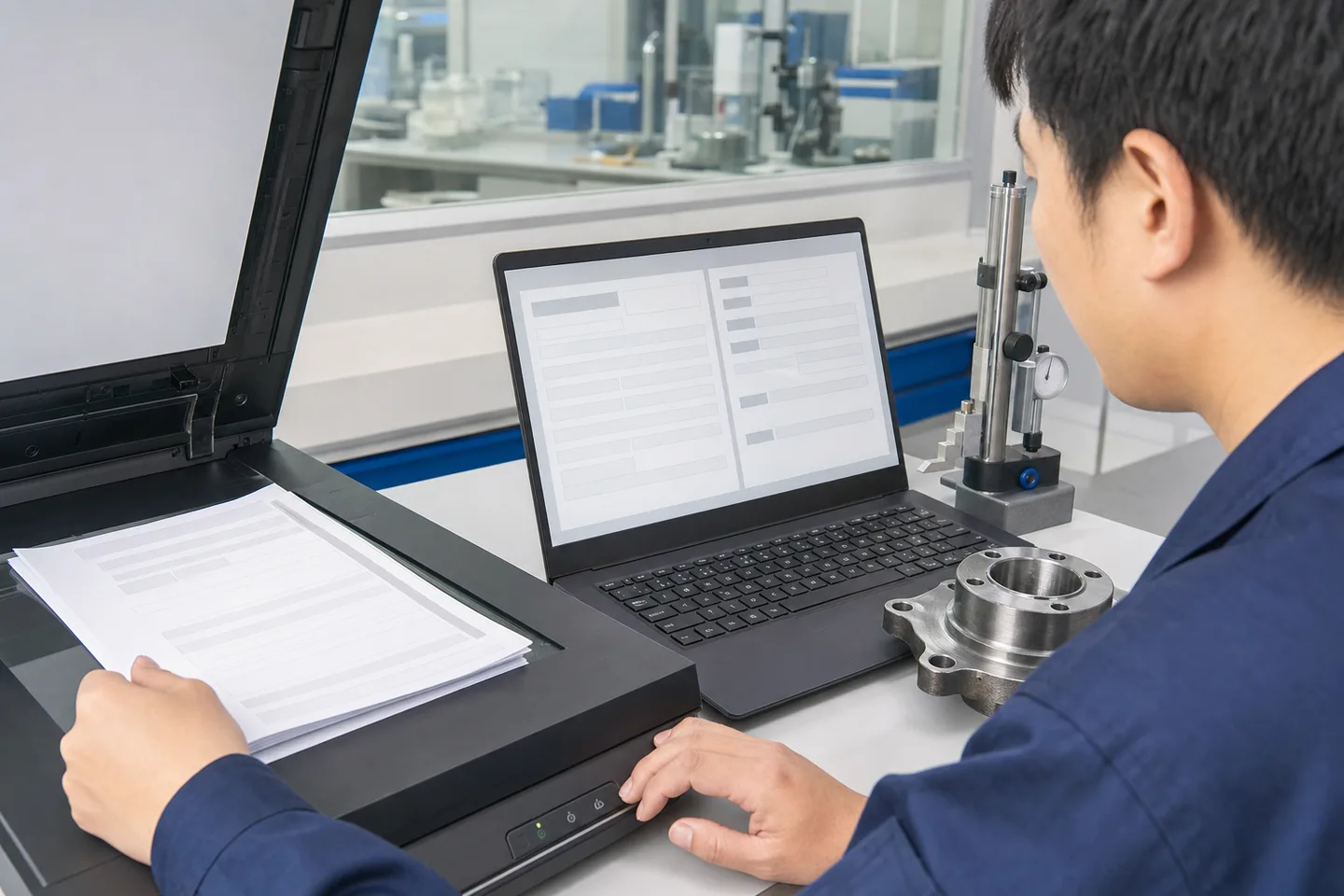 质量人员使用文档扫描设备核对检测报告与产品页面字段