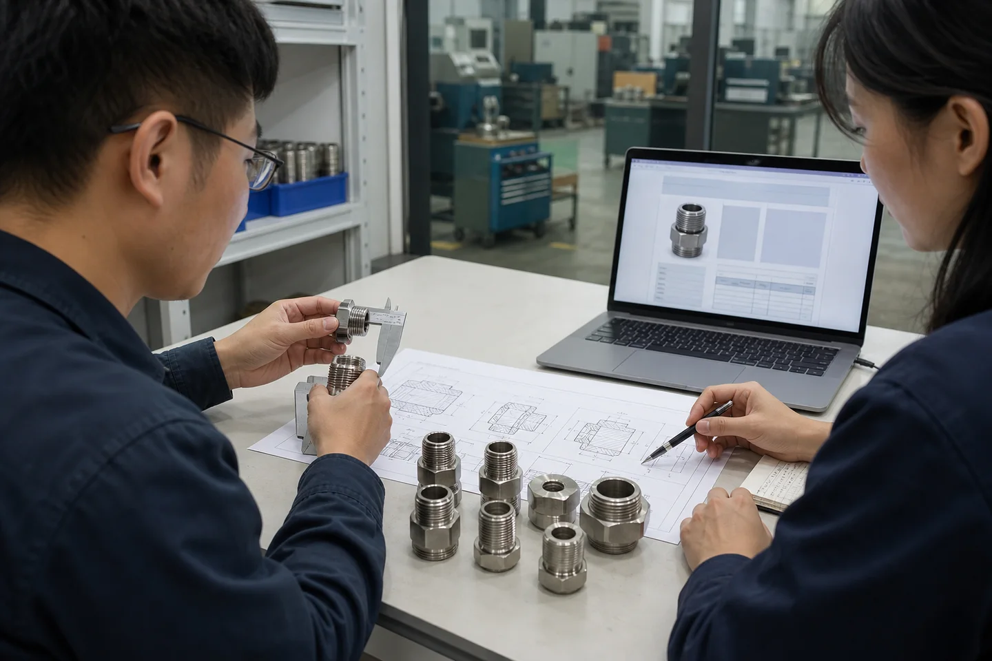 外贸产品资料人员核对接头实物、图纸与英文产品页螺纹字段